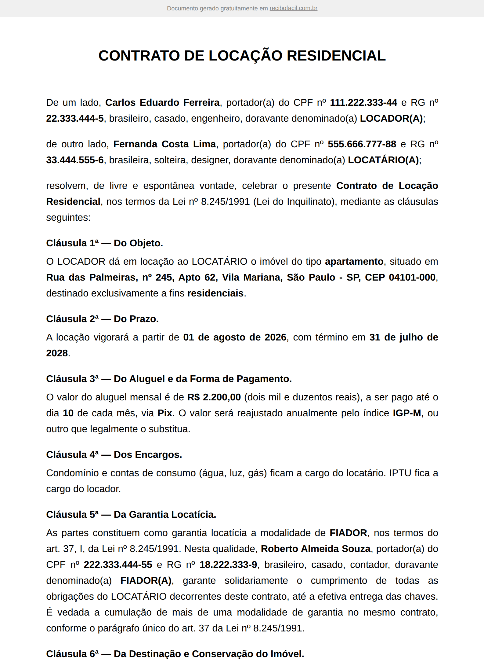 Modelo de contrato de aluguel residencial preenchido, página 1 de 2 — exemplo com locador, locatário, imóvel, valor do aluguel, garantia locatícia e assinaturas