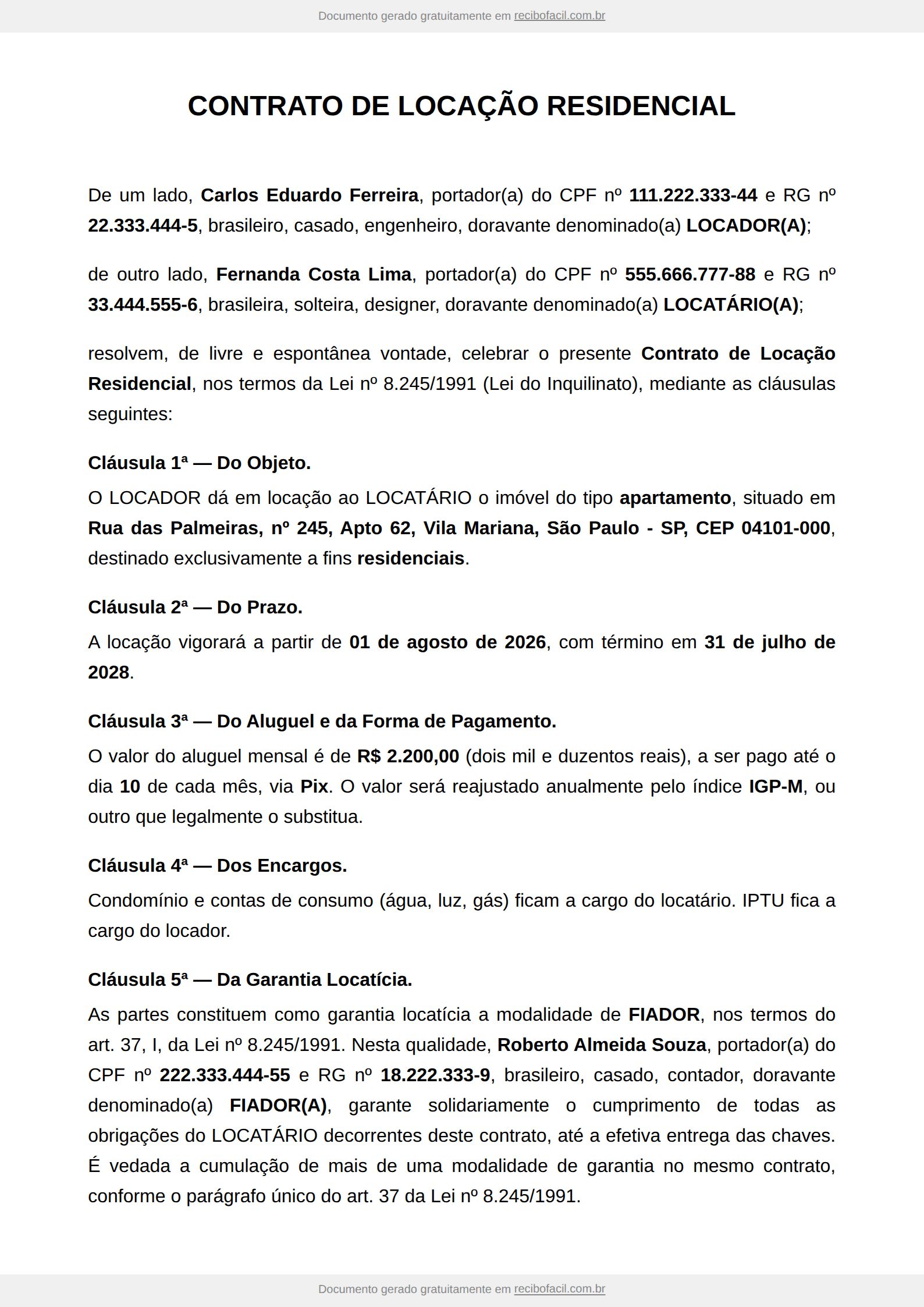Modelo de contrato de aluguel residencial preenchido, página 1 de 2 — exemplo com locador, locatário, imóvel, valor do aluguel, garantia locatícia e assinaturas