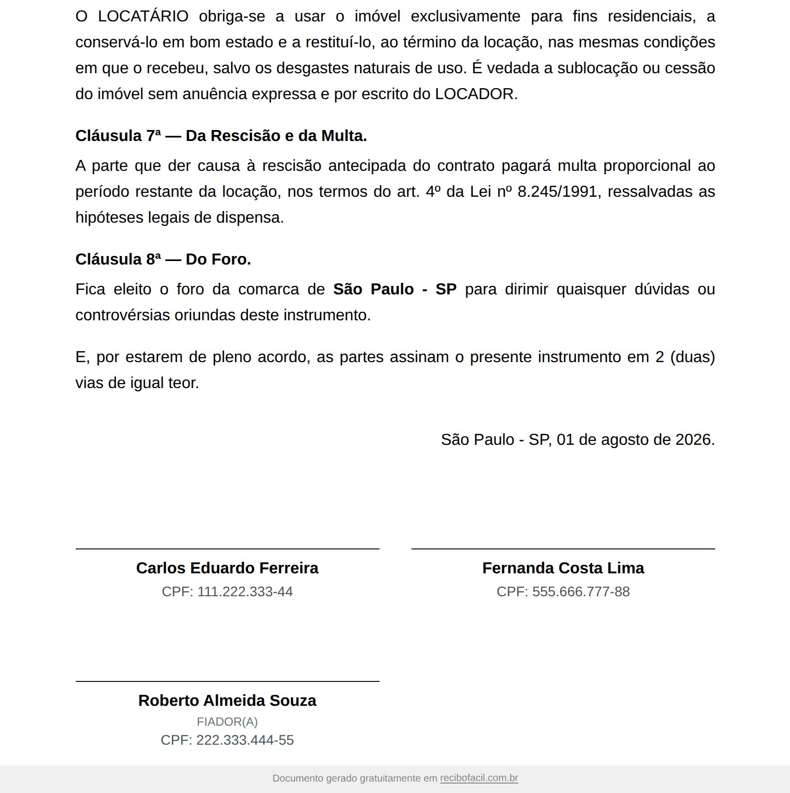 Modelo de contrato de aluguel residencial preenchido, página 2 de 2 — exemplo com locador, locatário, imóvel, valor do aluguel, garantia locatícia e assinaturas