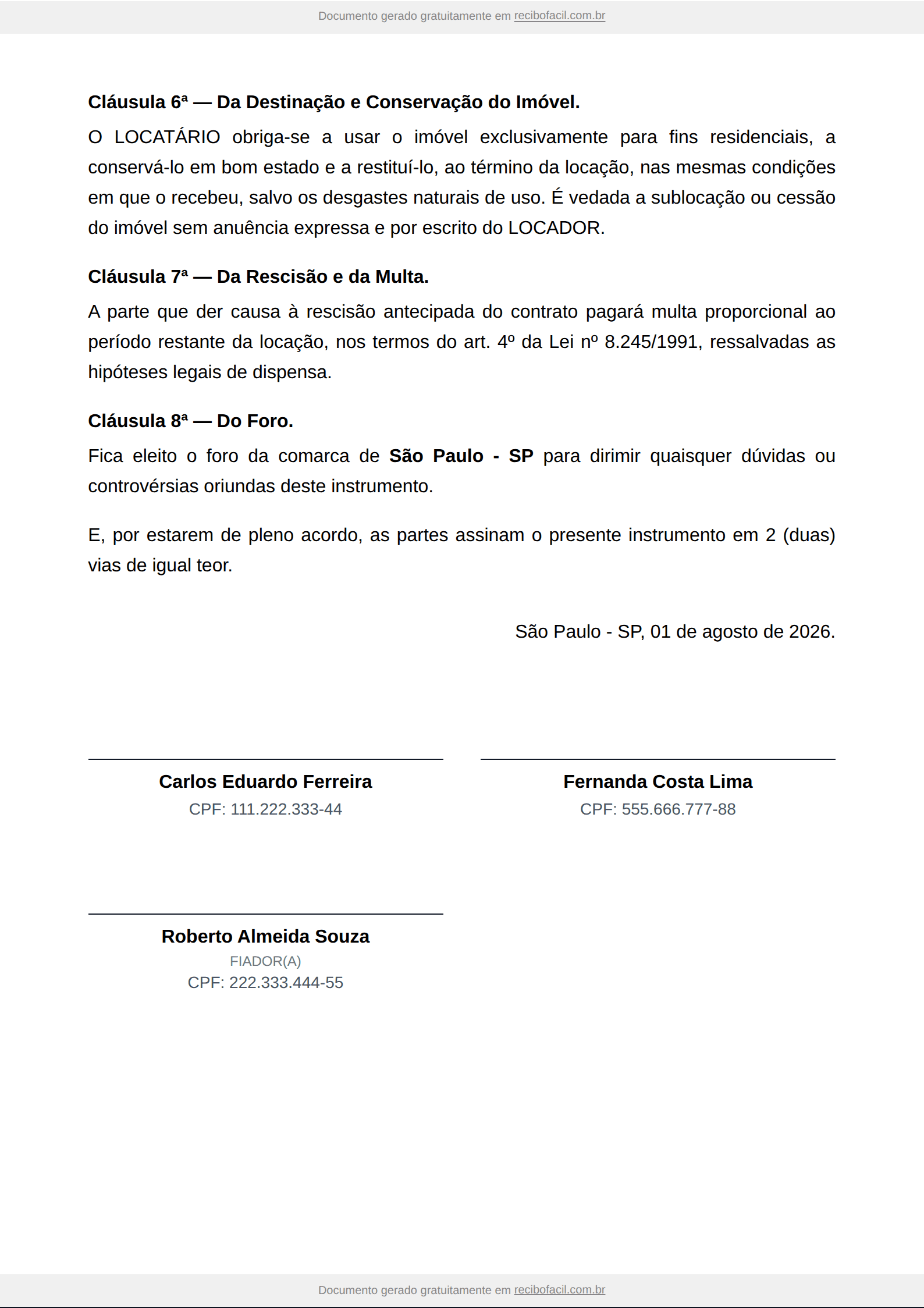 Modelo de contrato de aluguel residencial preenchido, página 2 de 2 — exemplo com locador, locatário, imóvel, valor do aluguel, garantia locatícia e assinaturas