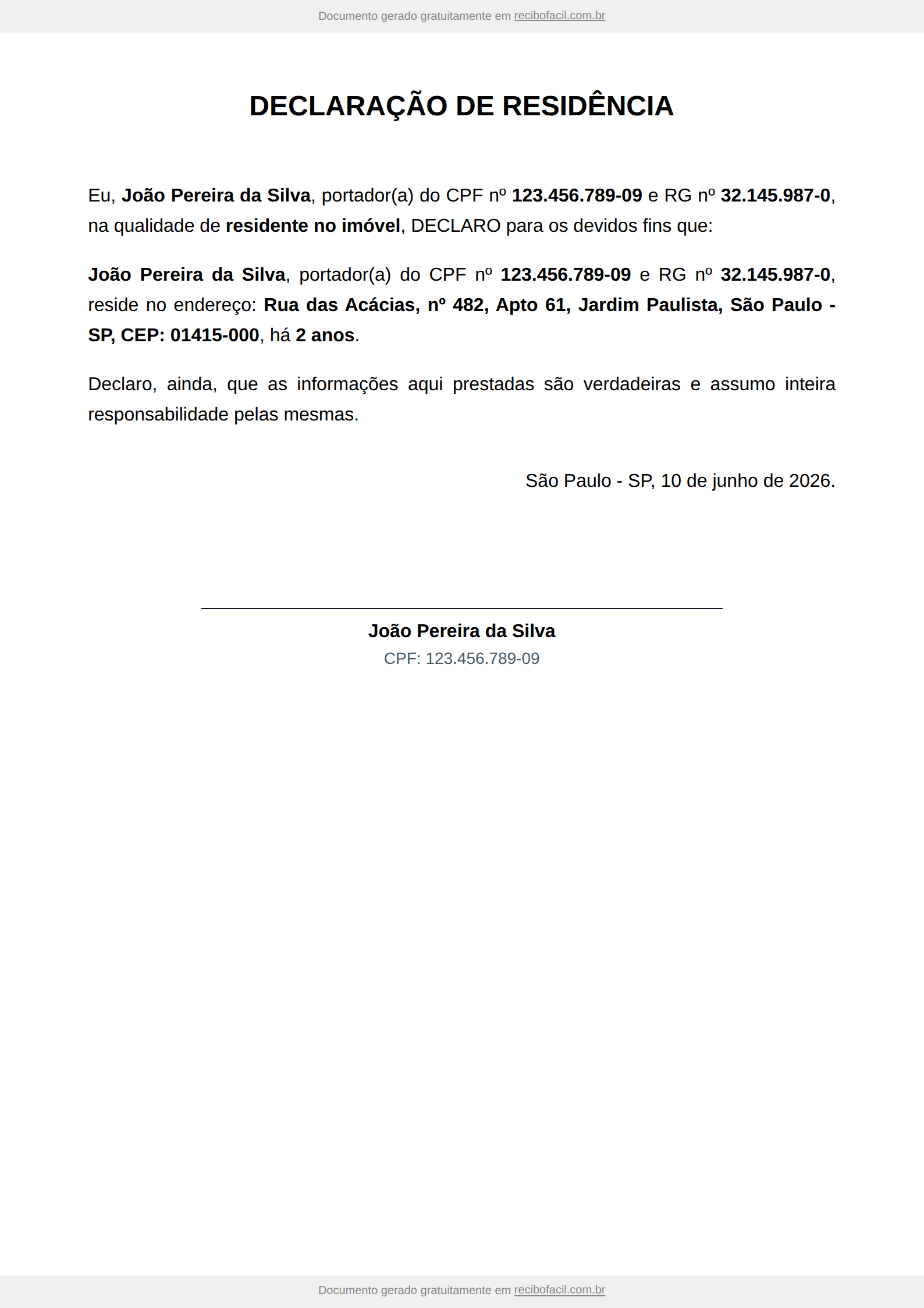 Modelo de declaração de residência preenchido, em PDF — exemplo com declarante, morador, endereço completo e data