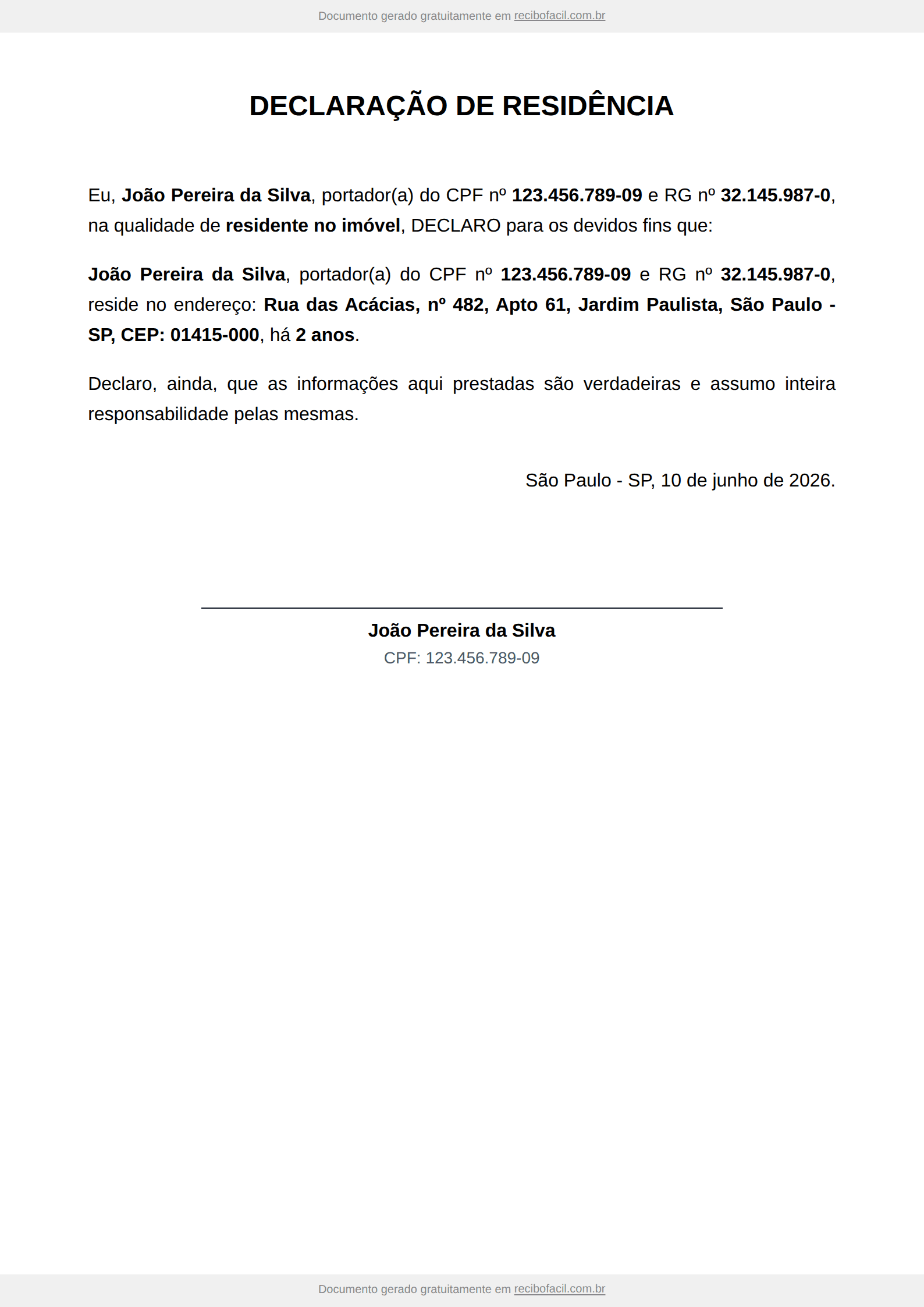 Modelo de declaração de residência preenchido, em PDF — exemplo com declarante, morador, endereço completo e data