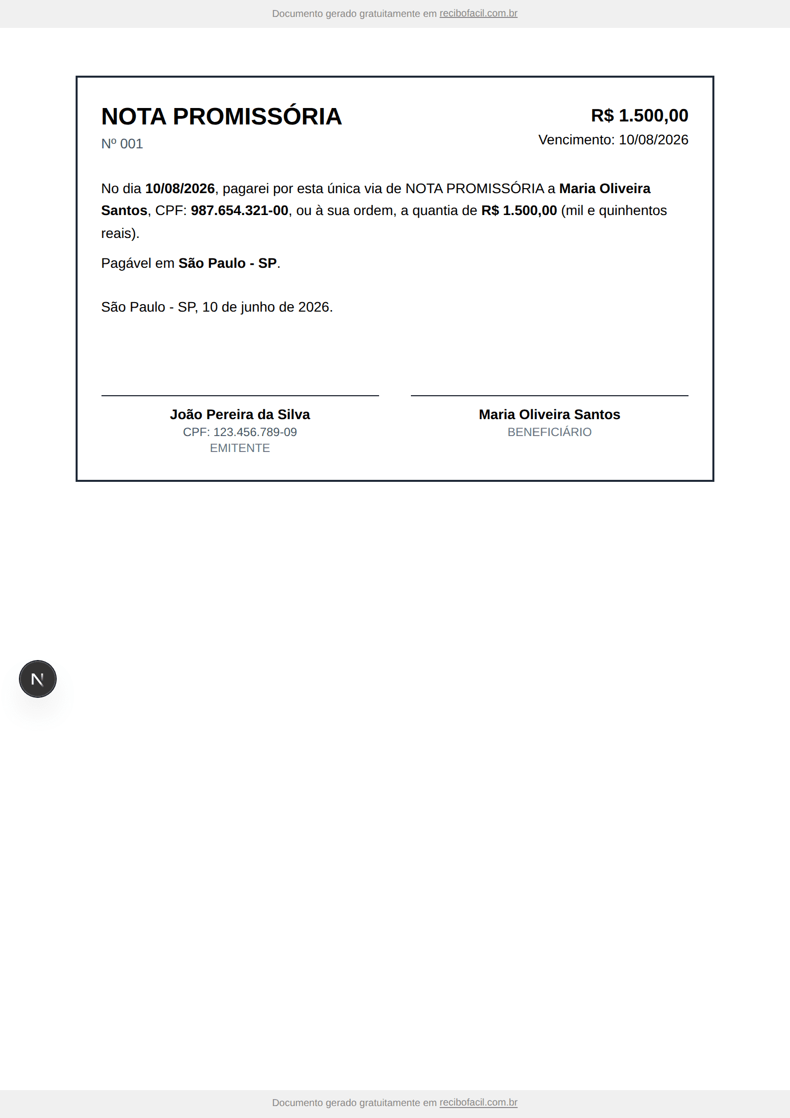 Modelo de nota promissória preenchido, em PDF — exemplo com número, valor, valor por extenso, vencimento, emitente, beneficiário e local de pagamento