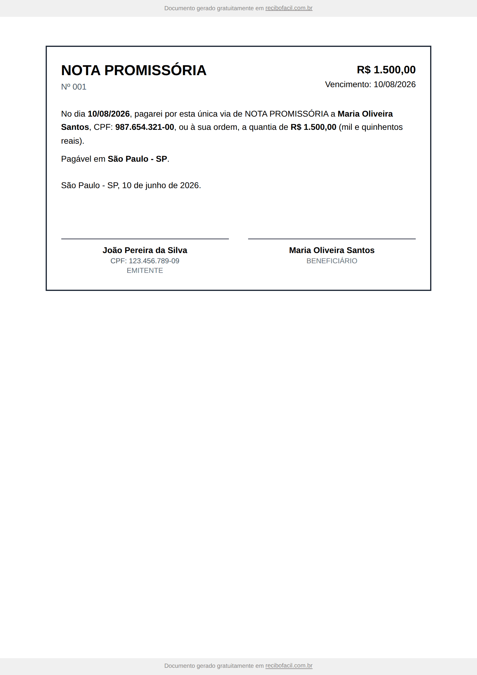 Modelo de nota promissória preenchido, em PDF — exemplo com número, valor, valor por extenso, vencimento, emitente, beneficiário e local de pagamento