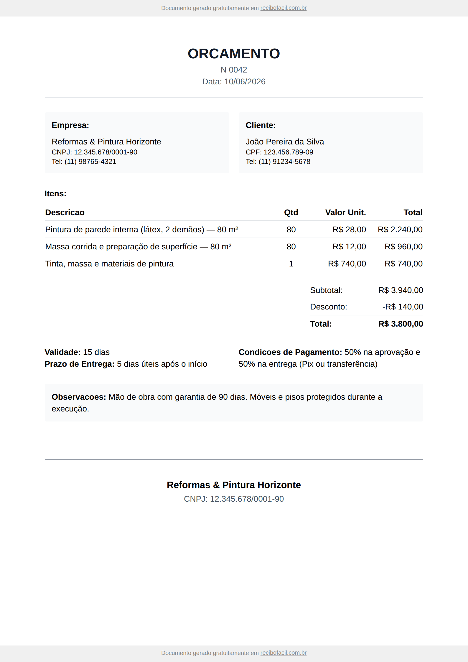 Modelo de orçamento de serviço preenchido, em PDF — exemplo de reforma e pintura com itens, valores, validade e condições de pagamento