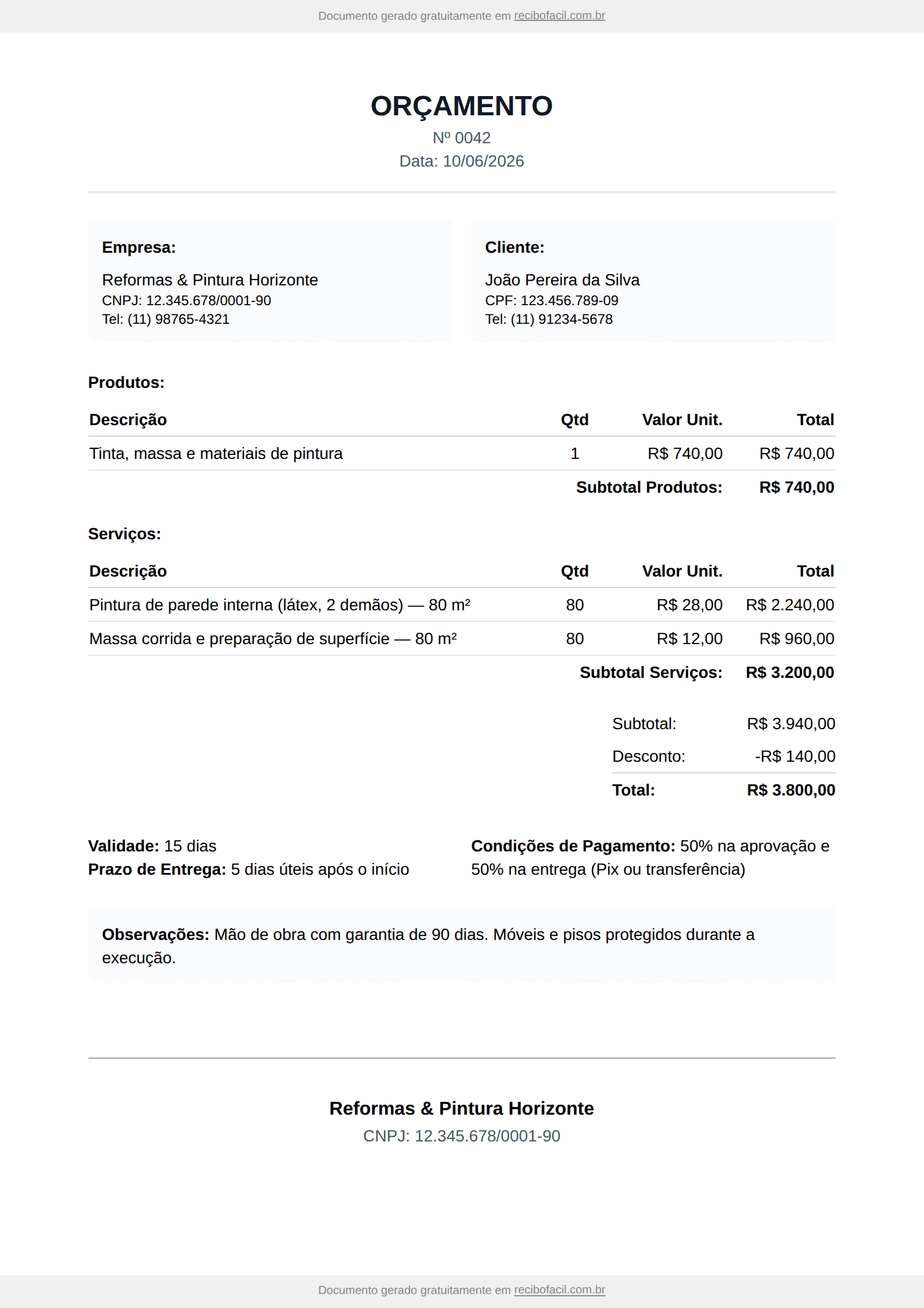 Modelo de orçamento de serviço preenchido, em PDF — exemplo de reforma e pintura com itens, valores, validade e condições de pagamento