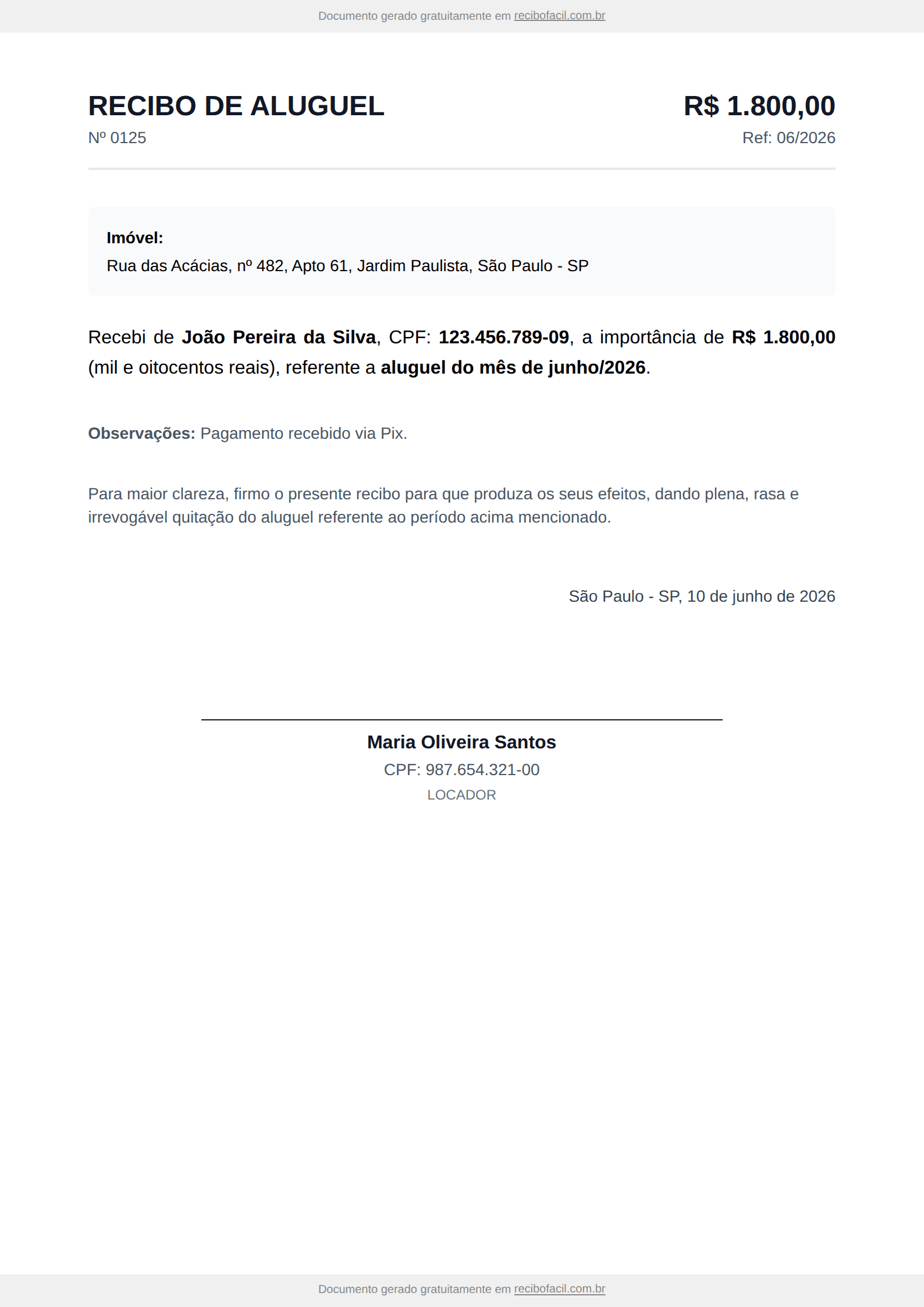 Modelo de recibo de aluguel preenchido, em PDF — exemplo com locador, locatário, valor, período de referência e endereço do imóvel