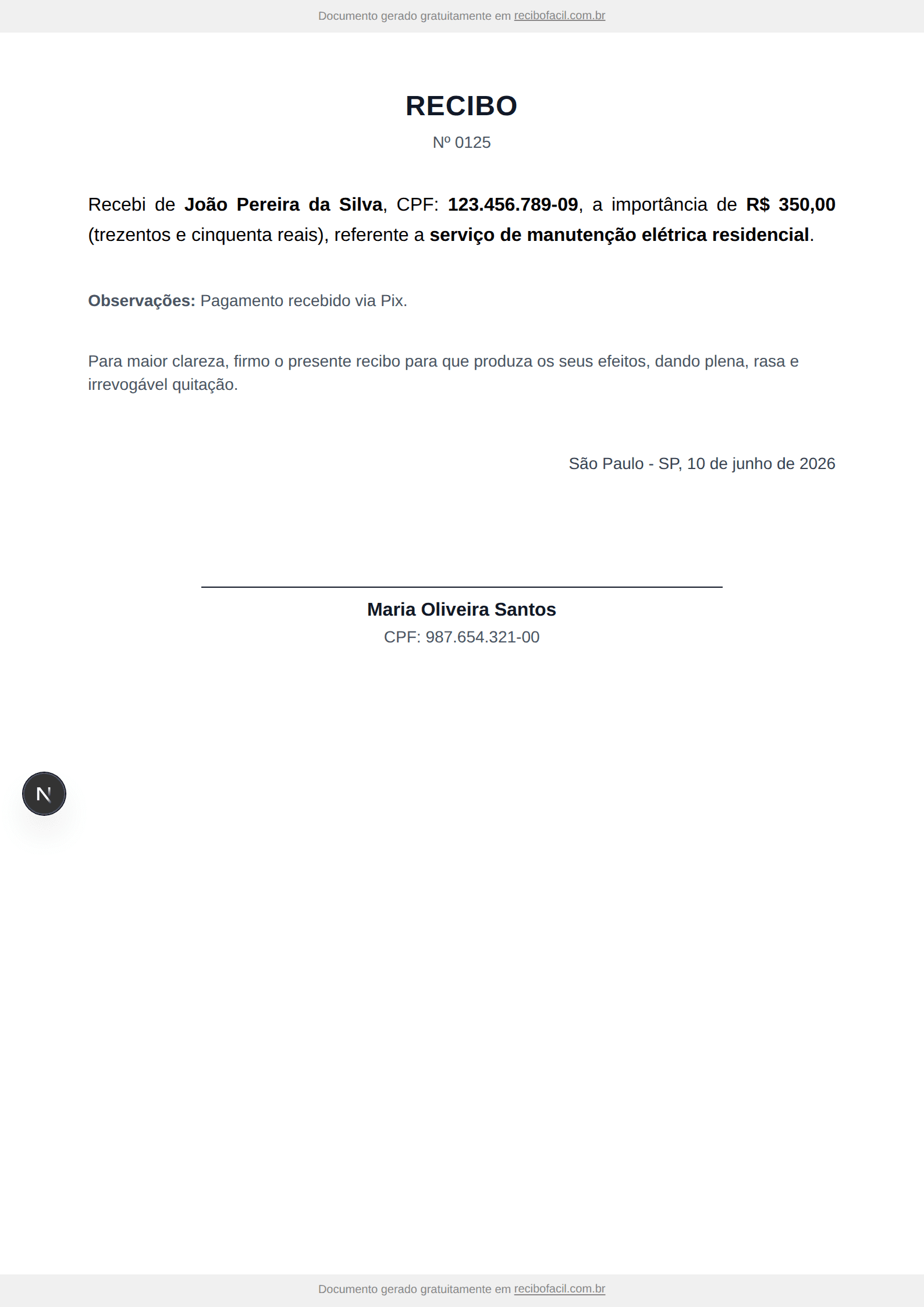 Modelo de recibo simples preenchido, em PDF — exemplo de recebimento de pagamento com pagador, recebedor, valor por extenso, data e assinatura