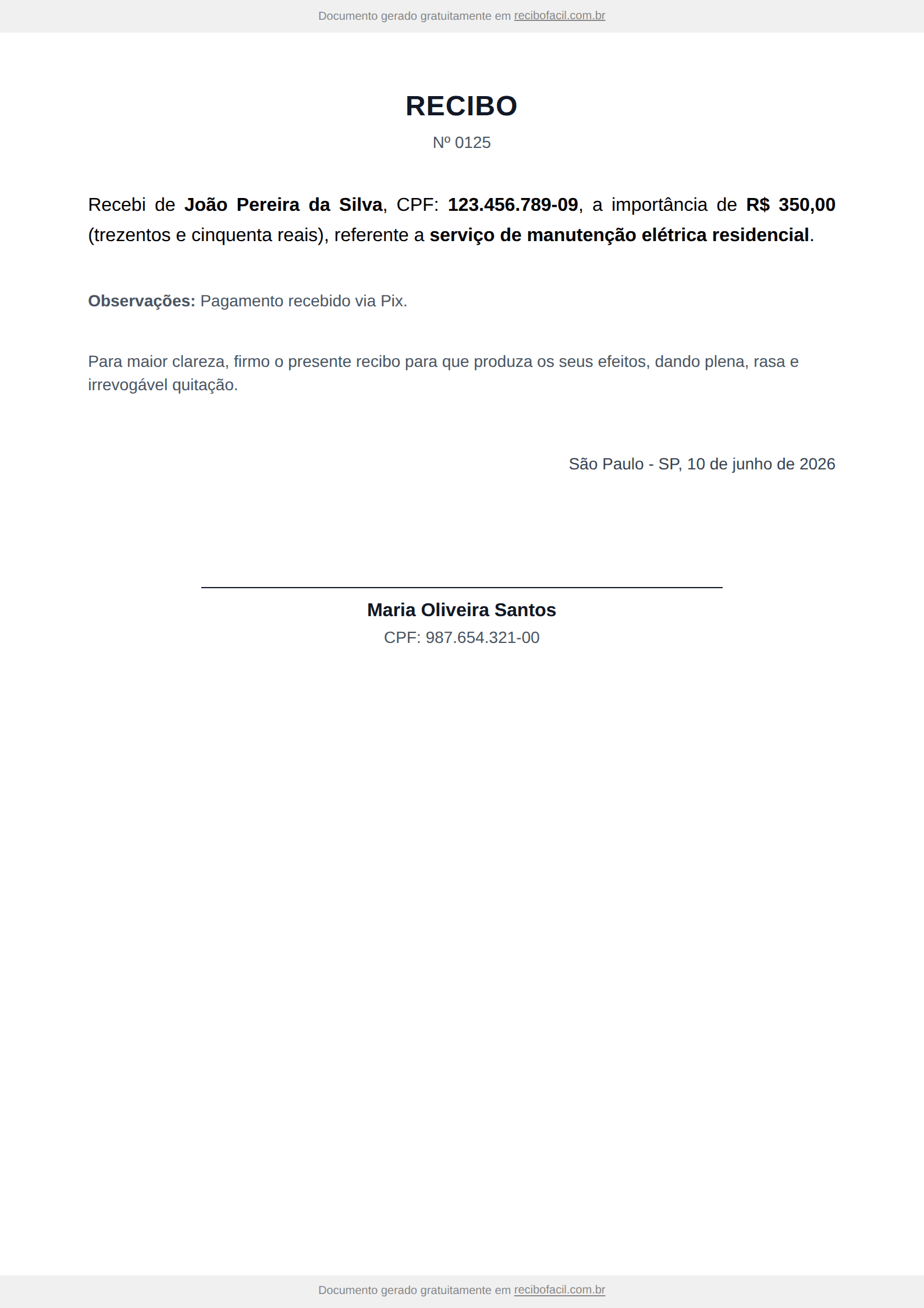 Modelo de recibo simples preenchido, em PDF — exemplo de recebimento de pagamento com pagador, recebedor, valor por extenso, data e assinatura