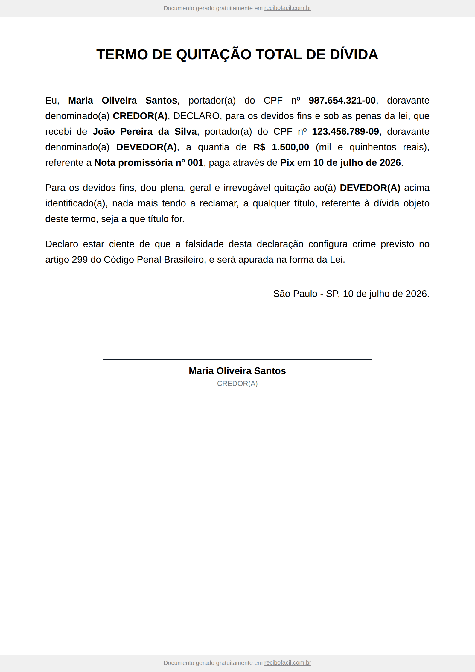 Modelo de termo de quitação preenchido, em PDF — exemplo com credor, devedor, valor, valor por extenso, origem da dívida e data de pagamento