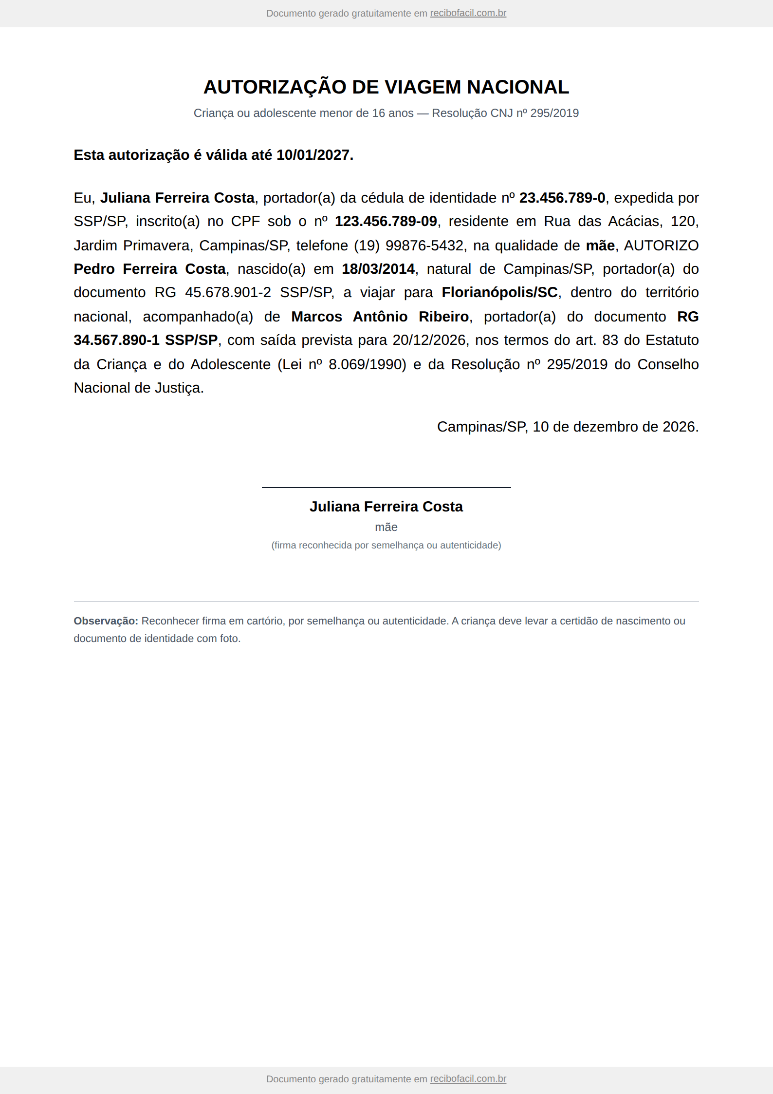 Modelo de autorização de viagem nacional para menor preenchido, em PDF — exemplo com dados da mãe, da criança, do acompanhante, destino e validade