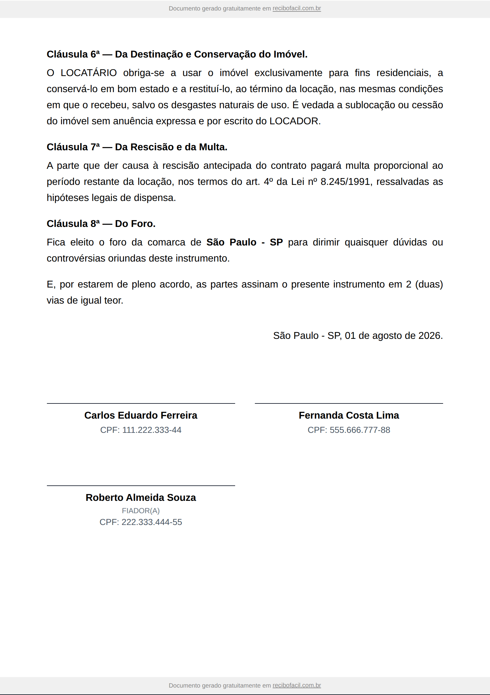 Modelo de contrato de aluguel residencial preenchido, página 2 de 2 — exemplo com locador, locatário, imóvel, valor do aluguel, garantia locatícia e assinaturas