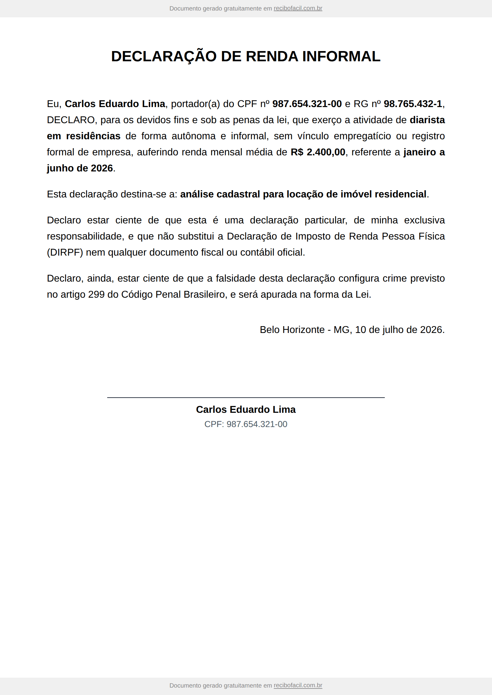 Modelo de declaração de renda informal preenchido, em PDF — exemplo com ocupação, renda mensal média, período de referência, finalidade e data