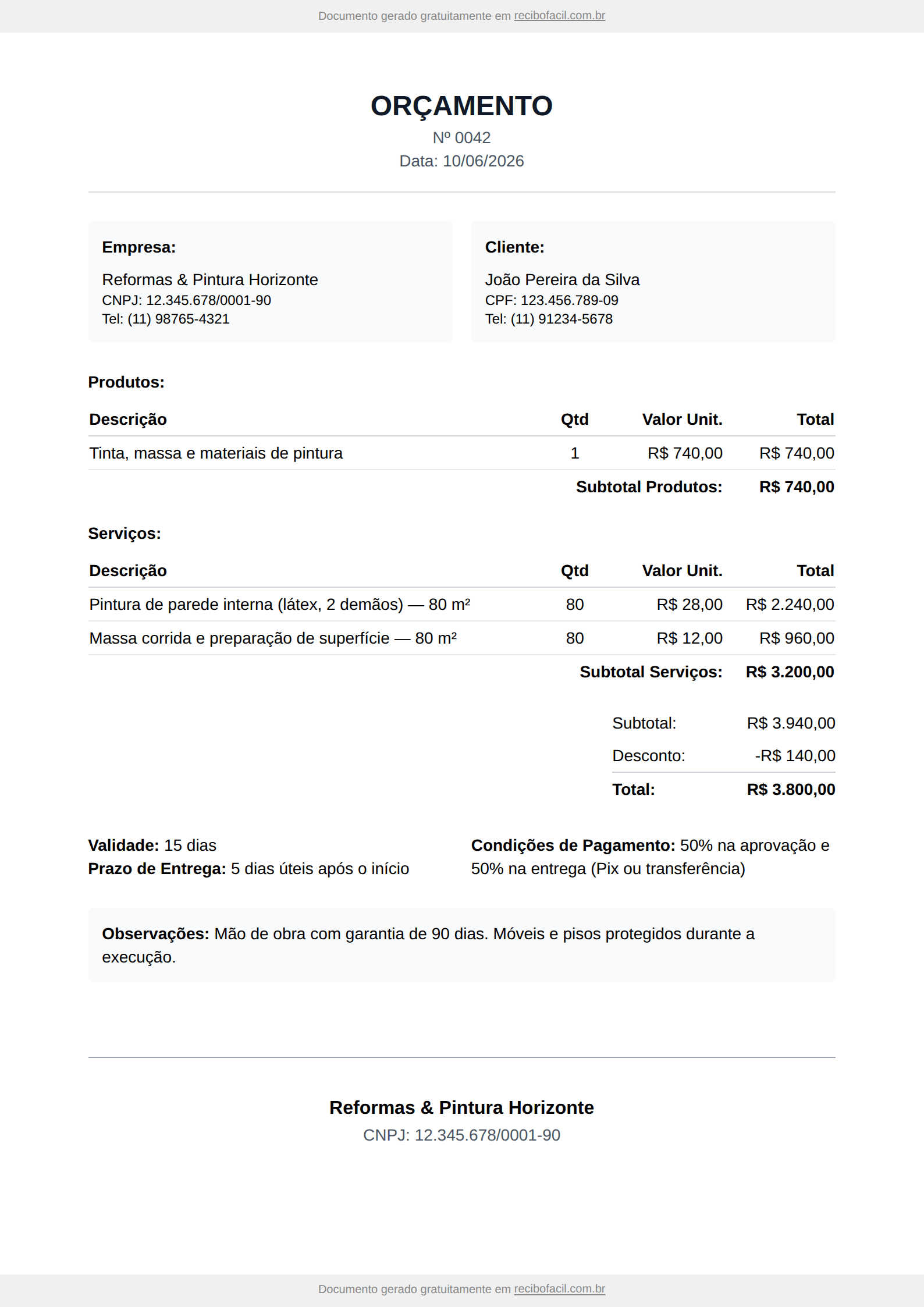 Modelo de orçamento de serviço preenchido, em PDF — exemplo de reforma e pintura com itens, valores, validade e condições de pagamento