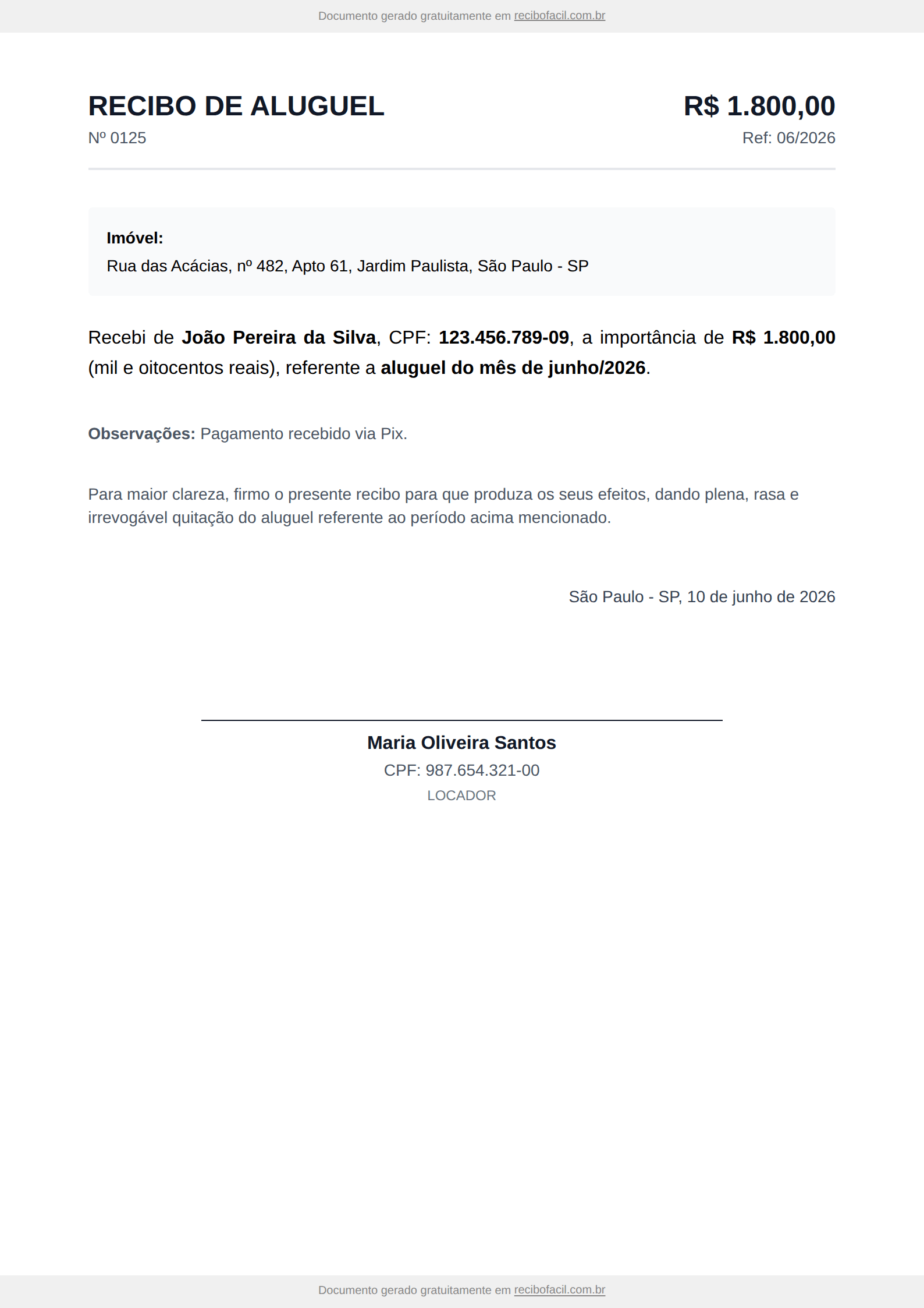 Modelo de recibo de aluguel preenchido, em PDF — exemplo com locador, locatário, valor, período de referência e endereço do imóvel