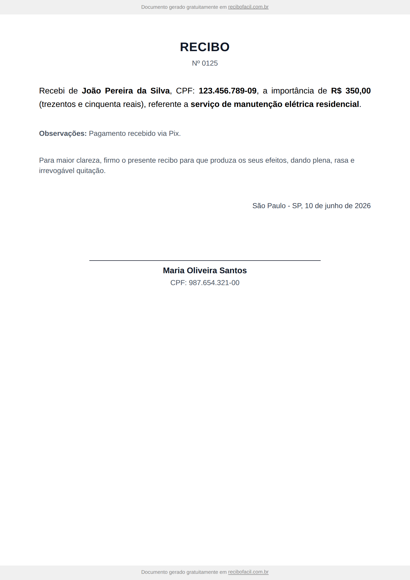 Modelo de recibo simples preenchido, em PDF — exemplo de recebimento de pagamento com pagador, recebedor, valor por extenso, data e assinatura